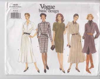 Vogue 1441 Misses Dress, Very-loose Fitting, Straight or Flared, 2 Lengths, Long or Short Sleeves, Sewing Pattern, Uncut, Size 8-10-12