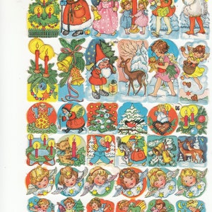 May include: A sheet of vintage Christmas stickers featuring angels, a Santa Claus, a reindeer, a snowman, a Christmas tree, and other festive imagery. The stickers are printed on a white background with a red border.