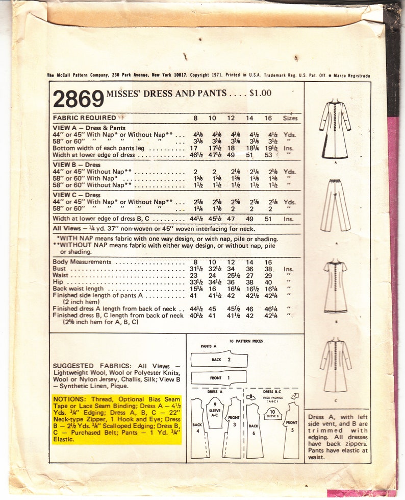 Mccall's 2869 Misses Dress Side Vent Straight Leg Pants - Etsy