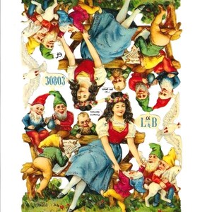 May include: A vintage die-cut illustration featuring a woman in a red bodice and blue skirt, surrounded by gnomes and doves. The image includes the number "30803" and the letters "L&B". The scene is set against a green background.