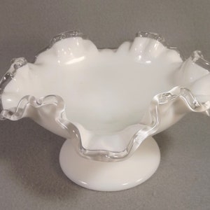 Vintage Fenton Silver Crest Footed Low Comport Compote Bowl 7228, ca 1953-1954, Double Crimp, Milk Glass, 7 inch Diameter
