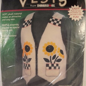 Dimensions Applique Vests, Sunflower Garden, Kit 62007 Simple Assembly Blanket Stitch Full Size Pattern Fits S-XXL