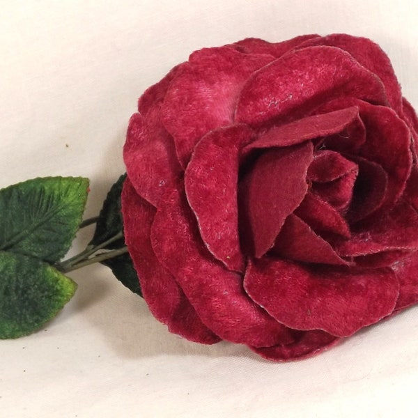 Vintage Velvet Rose, Burgundy, Long Stem for Weddings, Millinery, Floral Crowns, Corsages, Green Velvet Leaves New Never Used