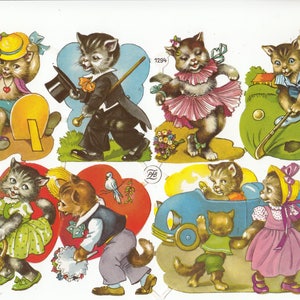 Vintage katten Kitties Kitens schroot gestanst blad van 6 nieuwe, oude voorraad Duitsland PZB 1294 Plakboeken Home Schooling ornamenten ambachten van de jaren 1920-1950