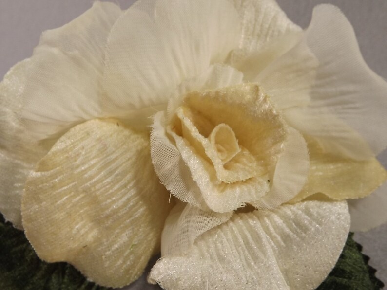 Velvet Rose, Cream, 4 inches, Green Leaves, Millinery Flower Crown Bridal Wedding Corsages Boutonniere Bouquet Crafts Veil Flower Girl image 6