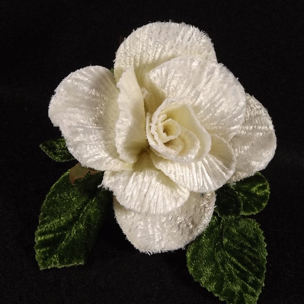 New Velvet White Rose 3 inch Green Velvet Leaves, Millinery Flower Crown Bridal Wedding Corsages Boutineers Bouquets Crafts
