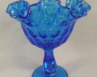 Fenton Thumbprint Candy Dish, Comport, Colonial Blue, Footed #4429-CB, Vintage 1962-1975, Art Glass, 6.25 inches tall