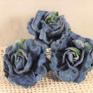 Small Velvet Blue Roses, Green Petal Tips  Millinery Flower Crown Bridal Wedding Corsages, Boutineer Bouquets Crafts Cluster of 3, No Leaves
