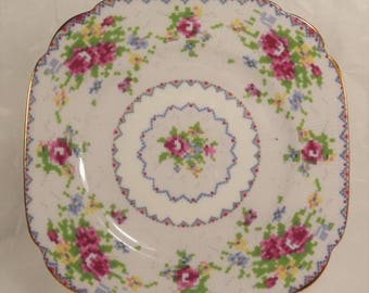 Royal Albert Petit Point Bread Butter Square Plate 6.25 inch Floral Pink Roses Dinnerware Bone China 1932-1997 England