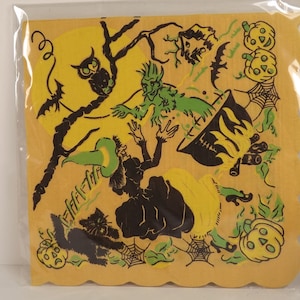 Reeds Rembrandt Halloween Napkins Witch Goblin Black Cat Owl Pumpkins Soft Ribbed Tissue Lot of 2 Napkins, Vintage Orange 12.5 x 12.5 inches
