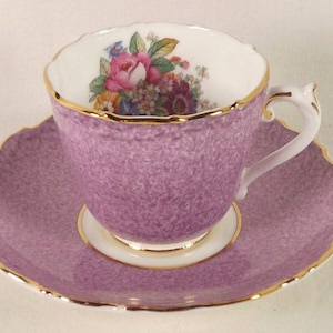 Coalport Demitasse Cup and Saucer Purple Bands, Floral Inside Cup, Gold Trim Gilded, Bone China, Made in England