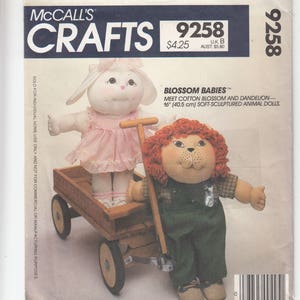 McCalls Blossom Babies Cotton Dandelion 16 inch Soft Sculptured Animal Dolls Sewing Pattern 9258 Uncut Body Dress Panties Jacket Hat Shorts