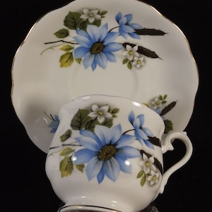 Puede incluir: Una taza de té y un platillo blancos con un patrón floral azul y blanco. La taza y el platillo tienen un borde dorado.