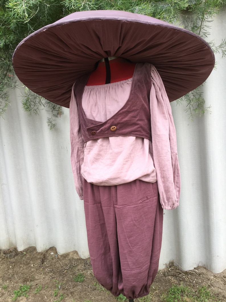 May include: A mauve-colored outfit with a wide, mushroom-shaped hat. The outfit includes a long-sleeved shirt, a vest, and pants. The hat is made of a soft, pliable material.