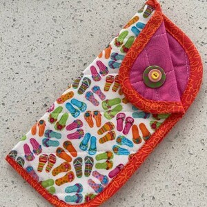 Eyeglass Sunglass Soft Case Quilted 100% Cotton Fabric Fancy Button Stack Three Coordinating Fabrics Fun Prints