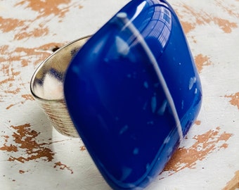 Ring Fused Glass Statement Ring  Cobalt Blue and White Silver Plate Wide Brushed Band Adjustable To Your Size