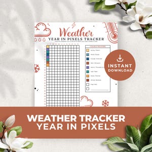 Puede incluir: Un rastreador de clima imprimible con una cuadrícula para colorear cada día del año según el clima. La cuadrícula está etiquetada con meses y números del 1 al 31. La clave de color incluye tipos de clima como soleado, parcialmente nublado, nublado, lluvia, nieve y más.