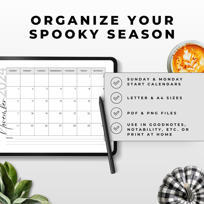 Minimalist November 2024 Blank Calendar Monthly Autumn Fall Pumpkin