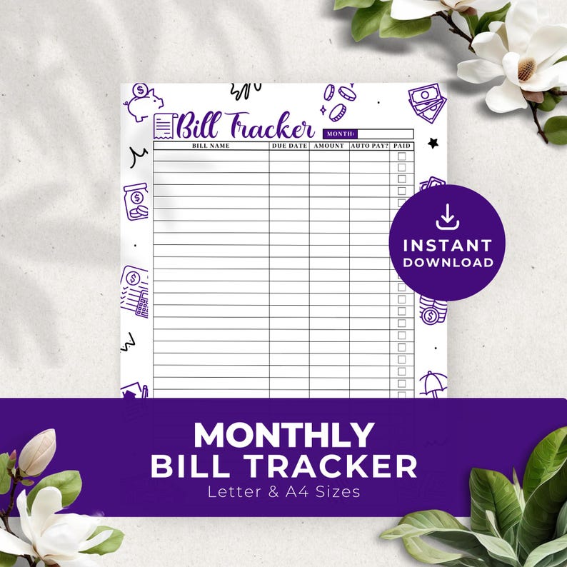 Dark Purple Monthly Bill Tracker Printable Finance Savings Budget Checklist Planner Organizer Log Yearly Digital Instant Download PDF PR007 image 1