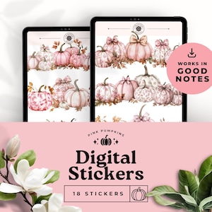 May include: Digital stickers featuring 18 pink and white pumpkins with floral patterns and bows. The stickers are designed to work in GoodNotes.