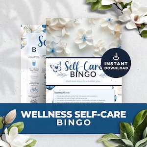 Blue Butterflies Wellness Self Care Bingo Card | Mental Health Therapy Game Checklist Challenge Worksheet Activity Printable Download NY007