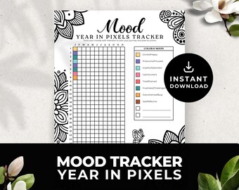 Coloring Page Year in Pixels Tracker Printable Mood | Journal Planner Daily Rate My Day Habit Emotion Wellness | Digital Download PDF PR009