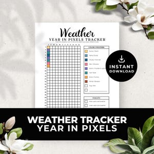 Puede incluir: Un rastreador de clima imprimible con una cuadrícula para cada mes del año. Codifica cada día con la condición climática correspondiente. La clave de color incluye soleado, parcialmente nublado, nublado, lluvia, tormenta, granizo, nieve, ventoso, niebla y mezcla. El texto "Weather Year in Pixels Tracker" está en la parte superior de la página.