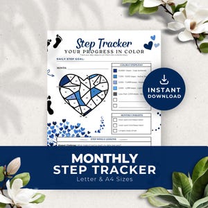 Marineblauwe stappenteller, maandelijks afdrukbaar | Fitnessplanner wandelen Gewichtsverlies Gezondheidsdoelen Dagboek Digitale pdf Direct downloaden PR003