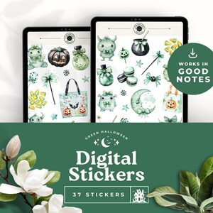 Pode incluir: Adesivos digitais para GoodNotes com 37 ilustrações de Halloween em verde e preto. Os adesivos incluem um caldeirão de bruxa, um monstro, uma lua, uma bolsa e doces.