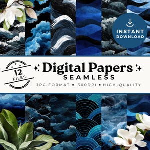 Dark Moody Black Blue Wave Digital Papers | Goth Waved Seamless Pattern Nautical Ocean Beach | Coordinating Watercolor Downloadable SP002