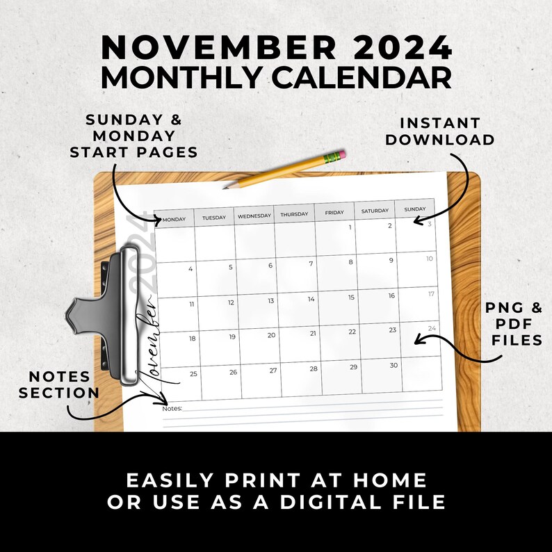 Minimalist November 2024 Blank Calendar Monthly Autumn Fall Pumpkin