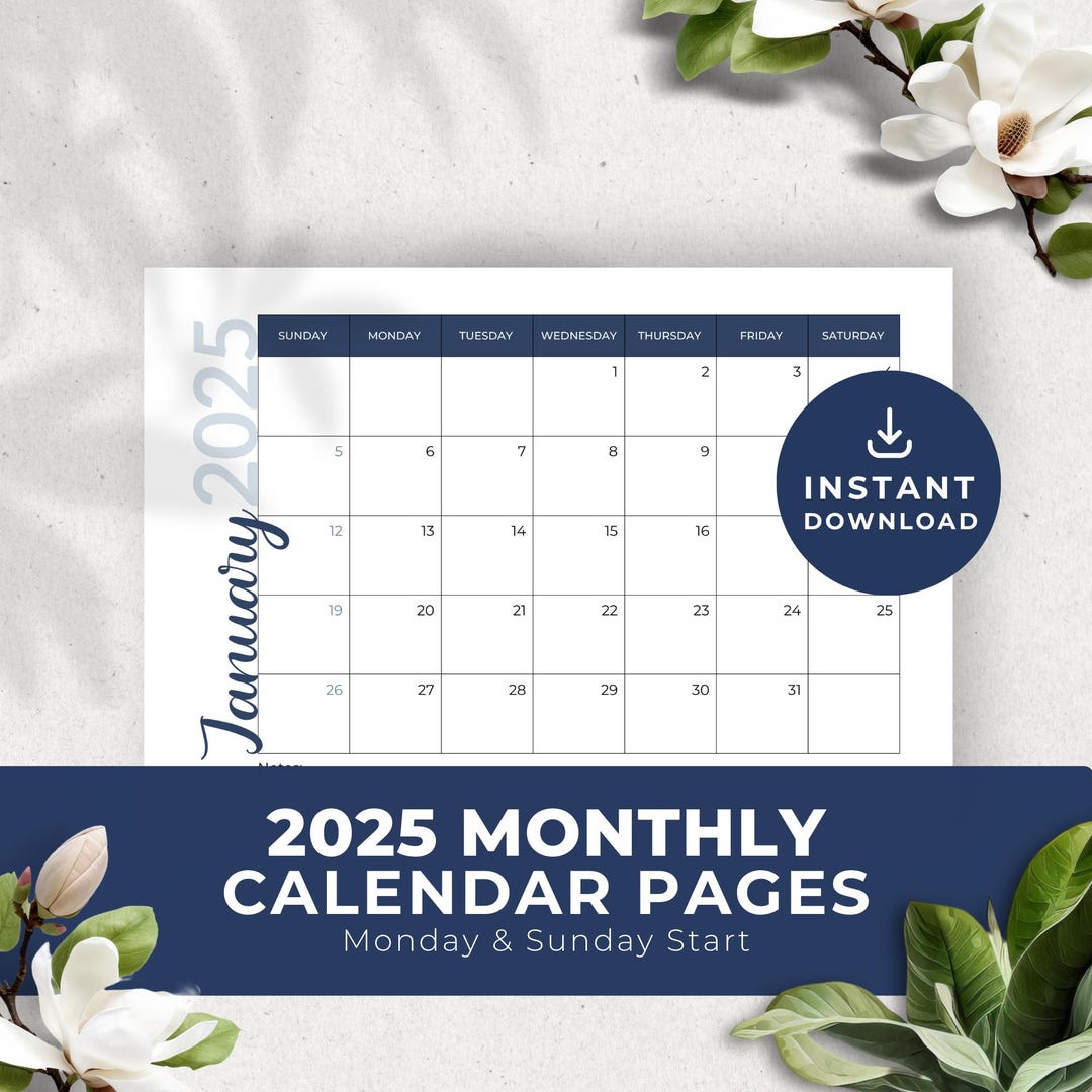 Navy Blue 2025 Monthly Calendar Printable Minimalist With Notes
