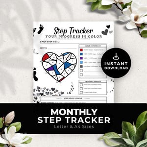 Moderne zwarte stappentracker afdrukbare maandelijkse kleurplaten fitnessplanner lopen gewichtsverlies gezondheid doel dagboek digitale pdf direct downloaden PR009