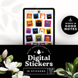 May include: A digital tablet displays colorful monster and ghost stickers. The stickers are square with various monster and ghost designs. Below the tablet, the text reads "Digital Stickers" with "Quirky Monster & Ghost Vol 5" above it and "18 Stickers" below.