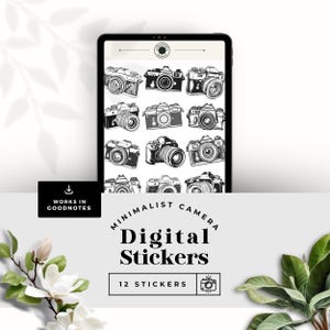 May include: A digital sticker sheet with 12 minimalist camera illustrations. The stickers are black and white and have a vintage aesthetic. The sheet is labeled "Minimalist Camera Digital Stickers".