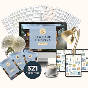 May include: A computer screen displaying the text "New Home & Moving Toolkit" with a 3D rendering of a house.  The screen is surrounded by a variety of printable resources for moving, including checklists, labels, and stickers.  The text "321 Resources" is displayed in a blue circle.