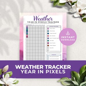 Puede incluir: Un rastreador de clima imprimible con un fondo de acuarela. El rastreador es una cuadrícula con 31 columnas y 12 filas. Cada fila representa un mes del año y cada columna representa un día. La cuadrícula está codificada por colores para representar diferentes condiciones climáticas. Las condiciones climáticas se enumeran en el lado derecho de la cuadrícula. El rastreador también incluye una sección para ideas, donde puedes registrar tus observaciones sobre el clima.