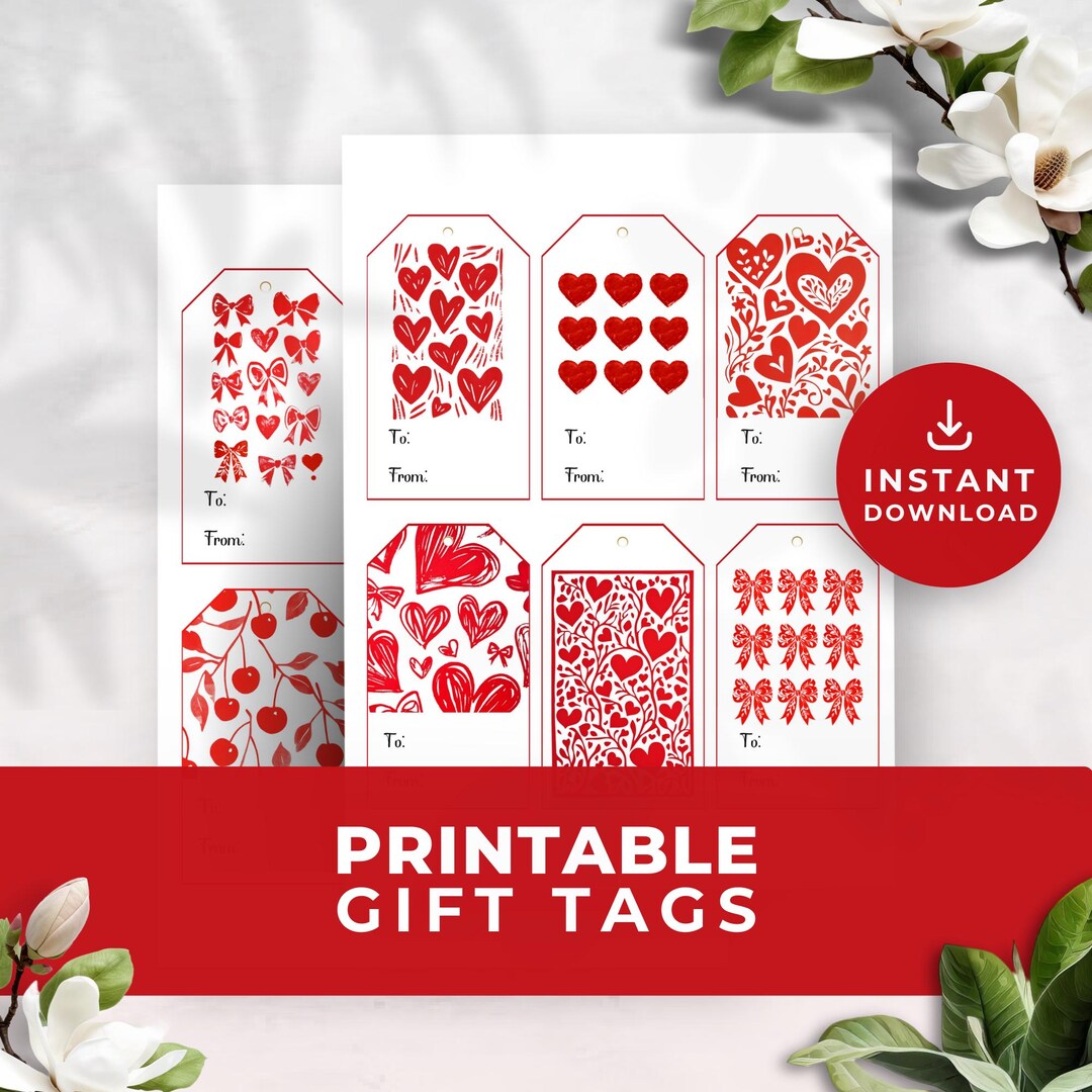 Red Cherry Coquette Bow Valentine Gift Tags Printable | Block Print ...