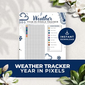 Puede incluir: Un rastreador de clima imprimible con una cuadrícula para cada día del año. La cuadrícula está codificada por colores para representar diferentes condiciones climáticas, como soleado, nublado, lluvioso, nevado y ventoso. El rastreador también incluye una clave para los códigos de colores. El texto "Weather Year in Pixels Tracker" está en la parte superior de la página.