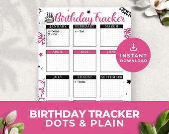 Pink Magenta Black Birthday Tracker Printable Planner Journal Reminder Organizer Log Calendar Classroom Remember Digital Download PDF PR002