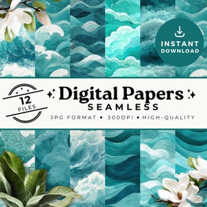 Aqua Blue Teal Wave Digital Papers Waved Seamless Pattern Nautical Ocean Summer Beach Coordinating Watercolor Scrapbook Downloadable SP002