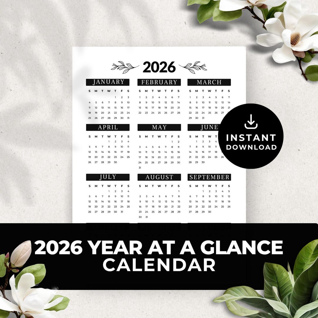 Minimalist Black and White 2026 Year at a Glance Printable Calendar ...