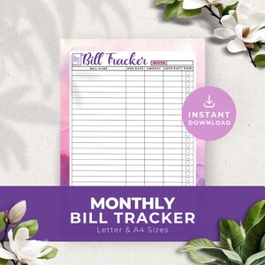 Dusty Pink Lila Monatliche Rechnung Tracker Printable Finanzen Sparen Budget Checkliste Planer Organizer Log Jährlich Digitale Sofort-Download PR010