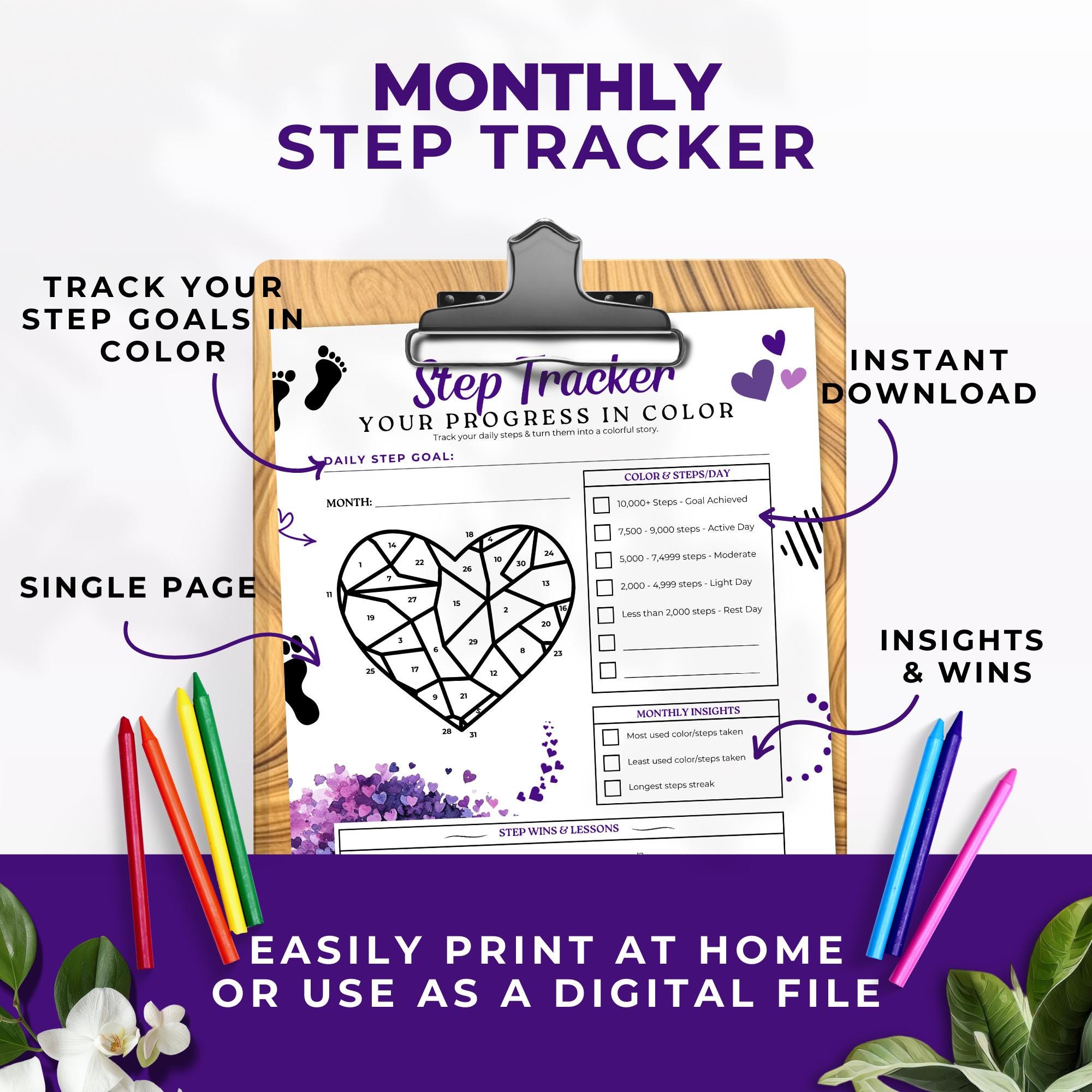 Steps Tracker Color In Dark Purple Step Tracker Printable Monthly Coloring Fitness Planner ...