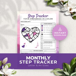 Roze paars Step Tracker afdrukbare maandelijkse kleurplaten Fitness Planner lopen Gewichtsverlies Gezondheid doelen Journal Digitale pdf Instant Download PR010