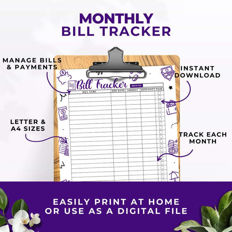 Dark Purple Monthly Bill Tracker Printable Finance Savings Budget Checklist Planner Organizer Log Yearly Digital Instant Download PDF PR007 image 2