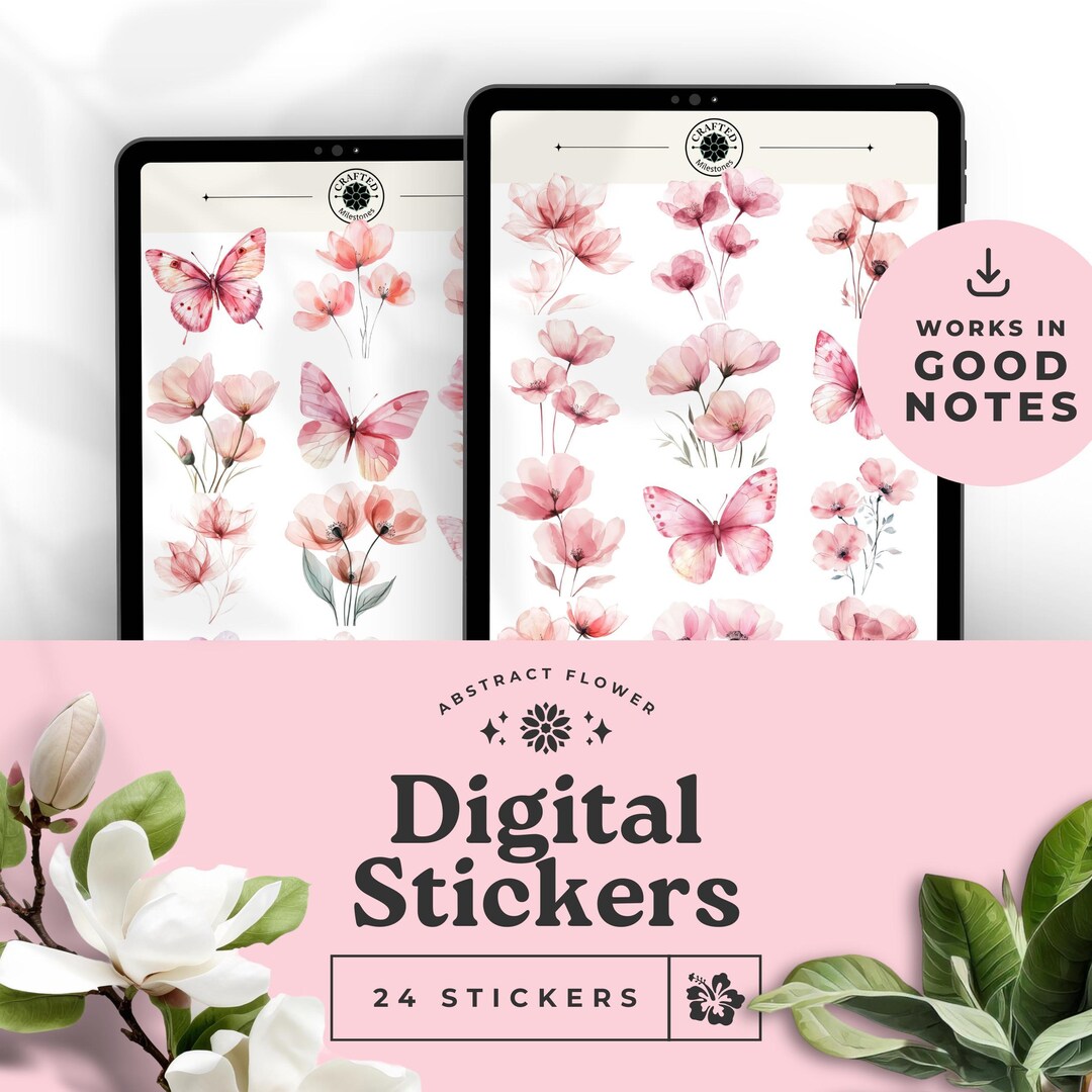 Soft Pink Sage Watercolor Abstract Flower Butterflies Digital Stickers ...