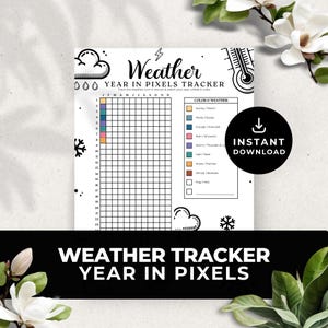 Puede incluir: Un rastreador de clima imprimible con un diseño en blanco y negro. El rastreador es una cuadrícula con 31 columnas y 23 filas. La cuadrícula está etiquetada con los meses del año y los números del 1 al 23. El rastreador está diseñado para ser coloreado con diferentes colores para representar diferentes condiciones climáticas. Las condiciones climáticas se enumeran en el lado derecho del rastreador. Las condiciones climáticas incluyen soleado, parcialmente nublado, nublado, lluvia, tormenta, nieve, ventoso y niebla.
