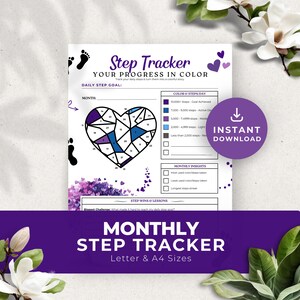 Donkerpaarse stappentracker afdrukbare maandelijkse kleuren fitnessplanner lopen gewichtsverlies gezondheidsdoelen dagboek digitale pdf direct downloaden PR007
