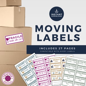 May include: A set of printable moving labels for boxes. The labels are designed to be compatible with Avery labels. The labels include categories like "Kitchen", "Living Room", "Fragile", and "Heavy". The labels are in a variety of colors, including green, blue, red, and gold.